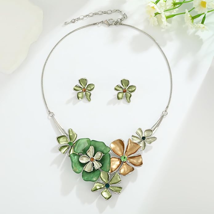 Chunky Statement Jewelry Set Vintage Retro Leaf Flower Floral Geometric Bohemian Boho Bib Necklace Earring Set Fashion Costume Jewelry for Women Girls Wedding Party Prom Unique Gift