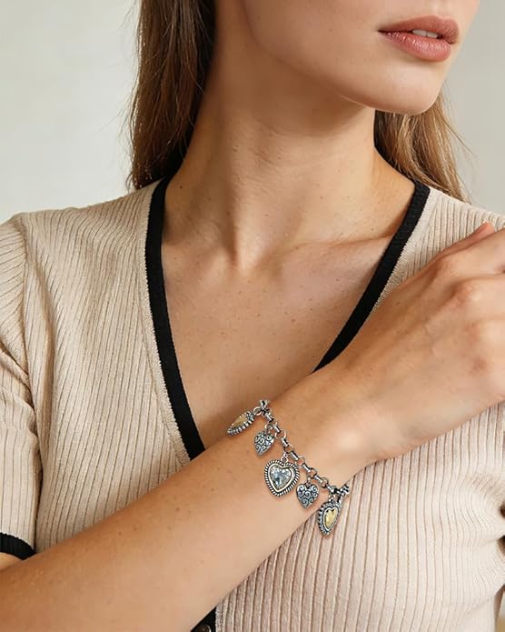 MYCUTEY Two Tone Heart Charm Bracelet for Women, Adjustable Cute Silver Chain Bracelets with Heart Charms, Trendy Love Bracelet for Daily Wear Mixed Metal Jewelry Valentines Day Gift