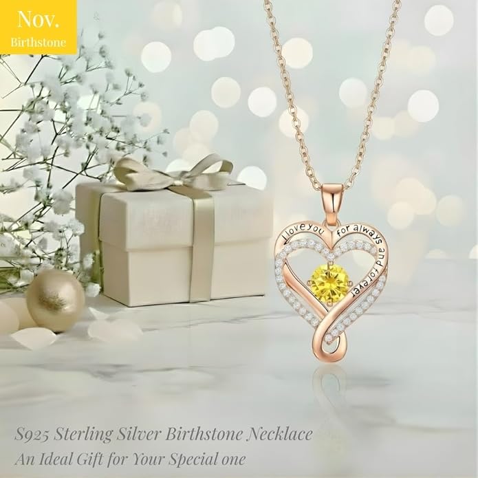 Birthstone Infinity Heart Necklace for Women Wife Girlfriend Mom Daughter Gifts S925 Silver Jewelry For Anniversary Rose Gold Gifts For Birthday Christmas Mothers Valentines Day