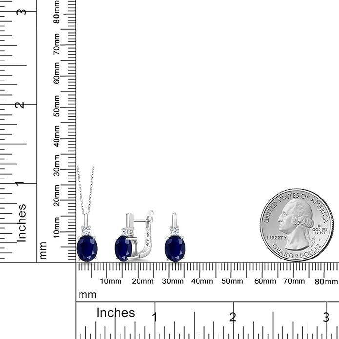 Gemstone Birthstone and White Created Sapphire Pendant and Earrings Jewelry Set for Women in 925 Sterling Silver | Oval 8X6MM and Round 2.5MM | With 18 Inch Chain | Fine Jewelry for Her Mom Women Wife