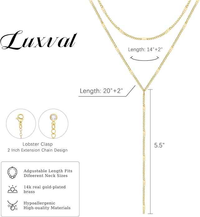 Luxval Lariat Gold Necklace for Women, Dainty Long Necklace 14k Gold Plated/Silver Y-Shaped Pendant Necklaces Trendy Beaded Chain Drop Necklaces Jewelry for Women Gifts
