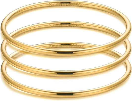 Kainier 3mm 14K Gold Plated Bracelet Stainless Steel Glossy Stackable Thin Round Bangle Bracelet for Women Solid Plain Polished Bracelet Best Gifts for Love