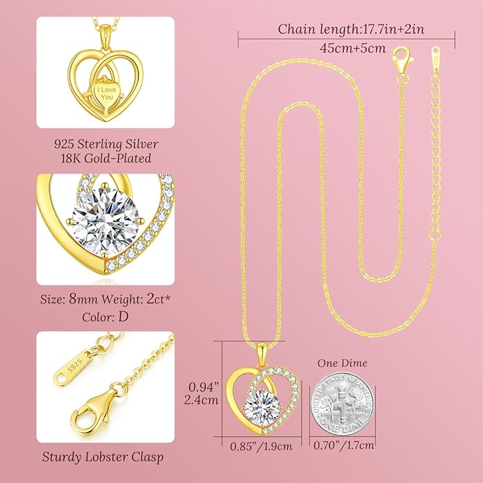 Moissanite Heart Pendant Necklaces for Women,D Color VVS1 Moissanite Jewelry,925 Sterling Silver Gold Plating,Wedding,Anniversary,Birthday,Gifts for Wife Her Mom Girlfriend