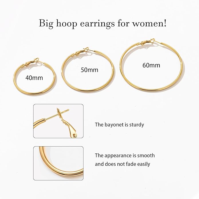 6 Pairs Gold Silver Hoop Earrings for Women, 14K Gold Plated Stainless steel Hoop Earring for Women, Lightweight Hypoallergenic Dainty Hoop Earrings Set