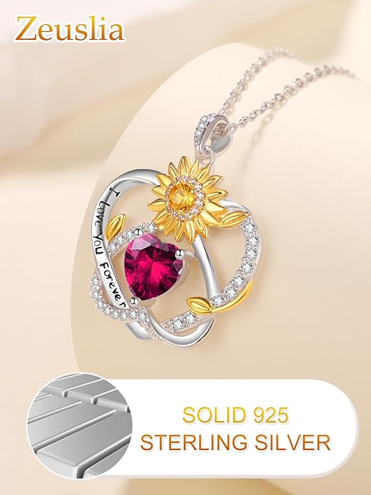 Zeuslia Double Birthstone Necklace Gifts for Wife - 925 Sterling Silver Sunflower/Rose/Crown Cross/Compass/Heart Pendant I Love You Necklace, Anniversary Birthday Gifts for Wife Girlfriend Mom Her