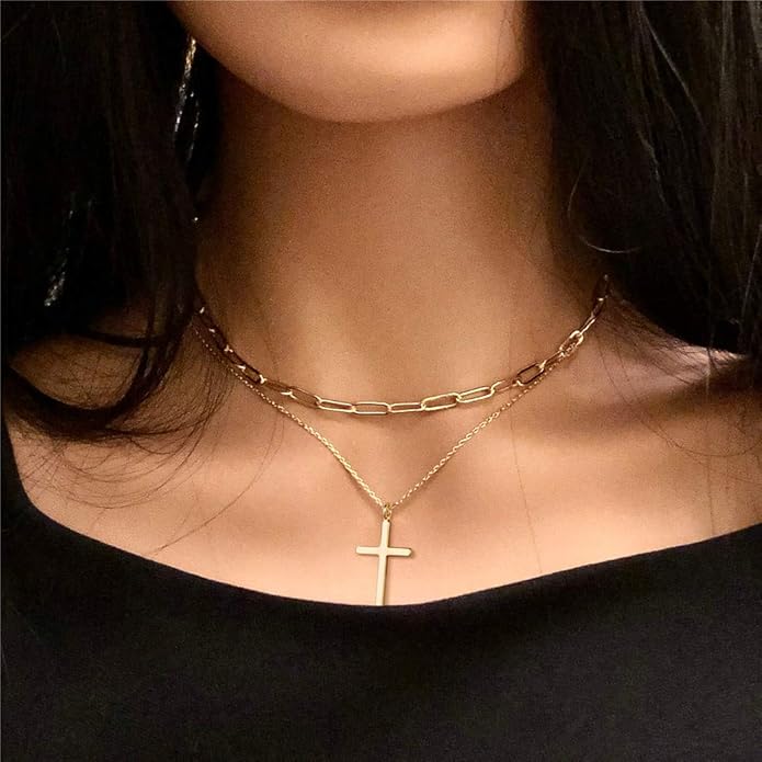 Turandoss Dainty Layered Choker Necklace, Handmade Y Pendant Necklace Multilayer Bar Disc Necklace Adjustable Layering Choker Necklaces for Women