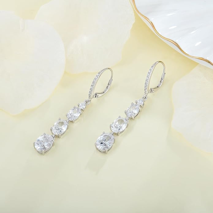 Women 925 Sterling Silver Birthstone 3-stone Leverback Drop Dangle Earrings 5A Cubic Zirconia Jewelry for Her