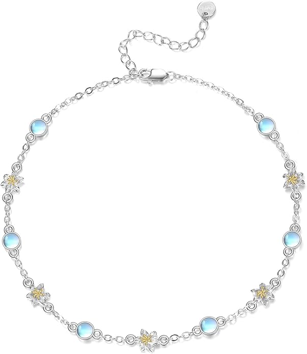 CRMAD 925 Sterling Silver Daisy/Sunflower Moonstone Anklet Daisy Flower Ankle Bracelet for Women Beach Dainty Jewelry