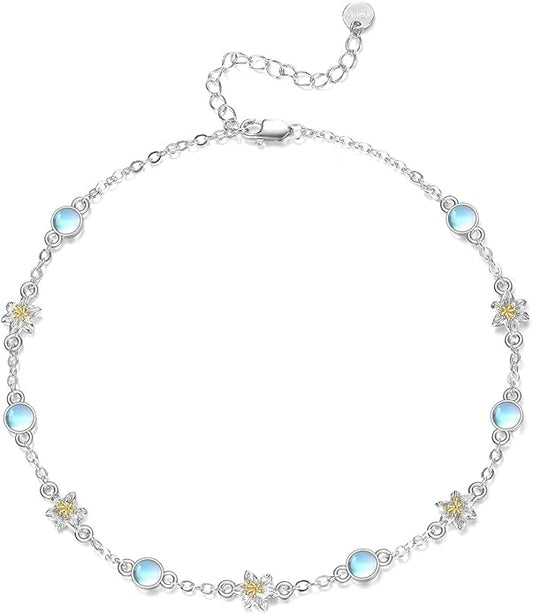 CRMAD 925 Sterling Silver Daisy/Sunflower Moonstone Anklet Daisy Flower Ankle Bracelet for Women Beach Dainty Jewelry