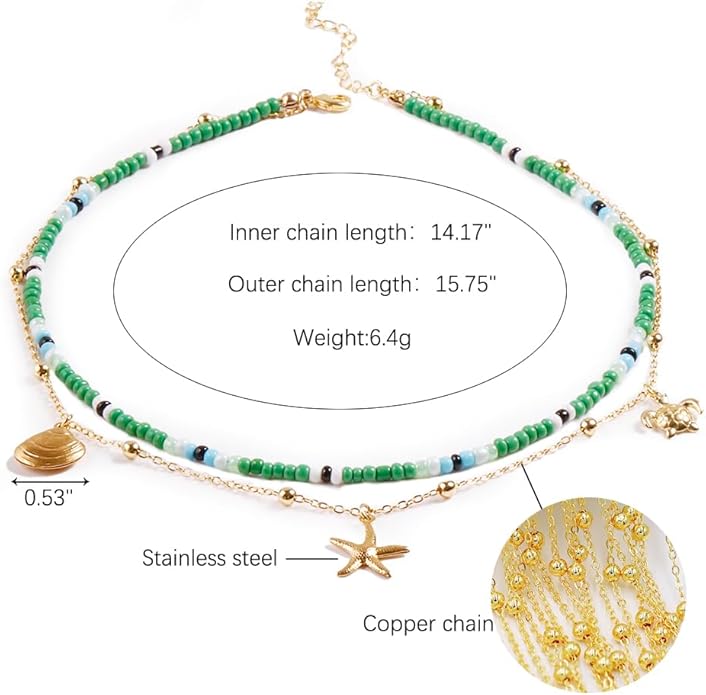 Da Piao Liang Handmade Multilayered Colorful Seed Beads Choker Necklace – Boho Starfish Creative Beach Jewelry for Women – Summer Necklace