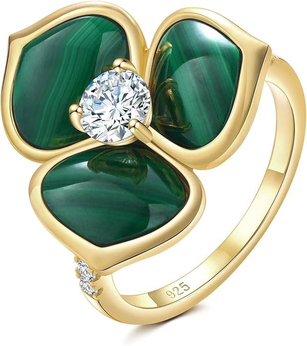 AIBAO Flower Gemstone Rings for Women Three Pental Turquoise/Malachite/Mother of Pearl Flower Ring with Cubic Zirconia Center Sterling Silver Statement Rings Size 6 to 10