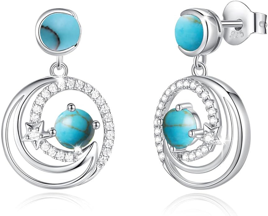 FANCIME Dangle Drop Earrings 925 Sterling Silver Moon Star Round Gemstone Birthstone Jewelry Birthday Christmas Gifts for Her Women