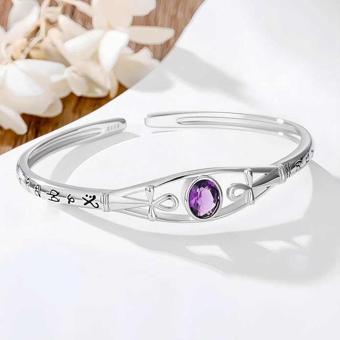Amethyst Ankh Cross Cuff Bracelet Sterling Silver Egyptian Protection Bangle, February Birthstone Gift for Her Purple Crystal Healing Jewelry