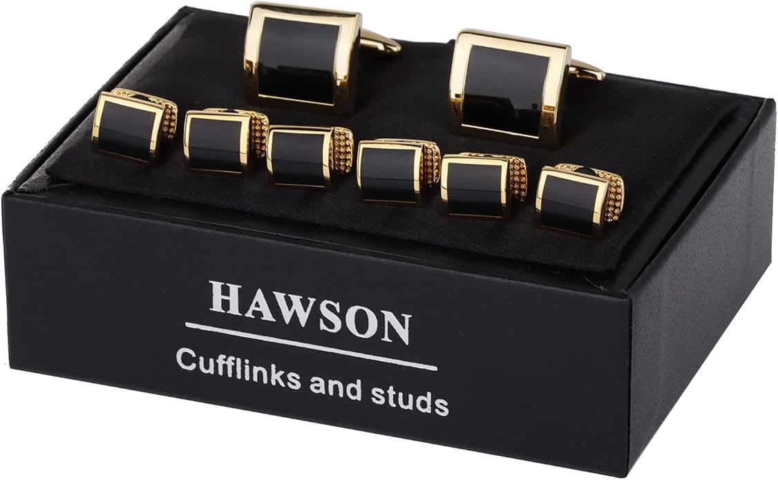 HAWSON Cufflinks and Studs for Men with Gift Box, Gold or Silver Tone Cuff Links, Mens Jewelry or Accessories for Wedding Business Anniversary Birthday
