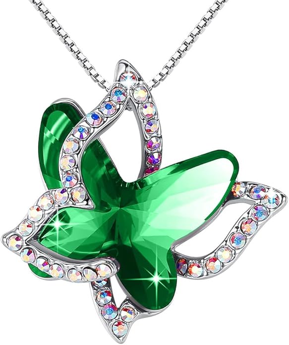 Gift Butterfly Birthstone Crystal Necklace, Silver Tone with 18”+2” Chain, Necklace for Mother’s Day Anniversary Birthday Gifts for Women and Daughter