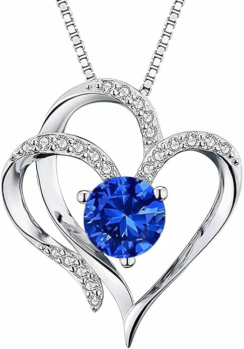 Double Heart Birthstone Necklace for Women - 925 Sterling Silver Adjustable Chain, 12-Month Cubic Zirconia Pendant, Gift for Wife/Girlfriend/Mom (Anniversary, Valentine's Day, Christmas)