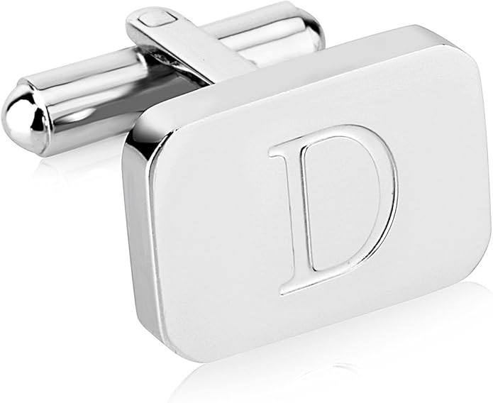 18K White-Gold Plated Initial Engraved Stainless Steel Men’s Cufflinks With Gift Box -Personalized Alphabet Letter’s A-Z By Lux & Pair