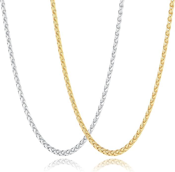 Garysiom 2 Pcs Chains for Men, 4mm Stainless Steel Silver Tone Gold or Black Wheat Necklace Chain for Men Women, 16, 20, 24, 28, 32 Inch