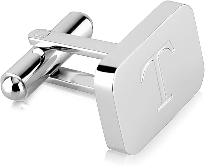 18K White-Gold Plated Initial Engraved Stainless Steel Men’s Cufflinks With Gift Box -Personalized Alphabet Letter’s A-Z By Lux & Pair