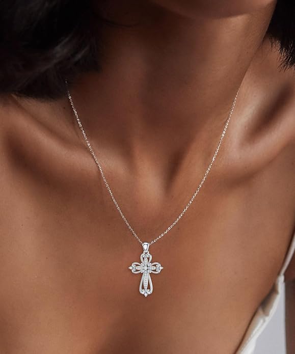1/66 Carat Diamond Vintage Cross Necklace for Women 925 Sterling Silver 18K White Gold Plated Religious Faith Pendant Fine Jewelry