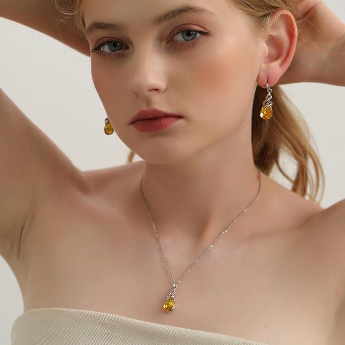 RUOFFETA Teardrop Crystal Jewelry Set, Birthstone Pendant Necklace Drop Dangle Earrings for Women