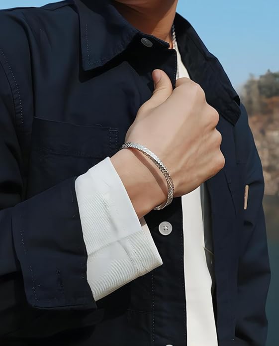 Kim Carrey S925 Sterling Silver Bracelet, Open Bangle Cuff Design, Men's Stacked Bracelets Gift Jewelry for My Man