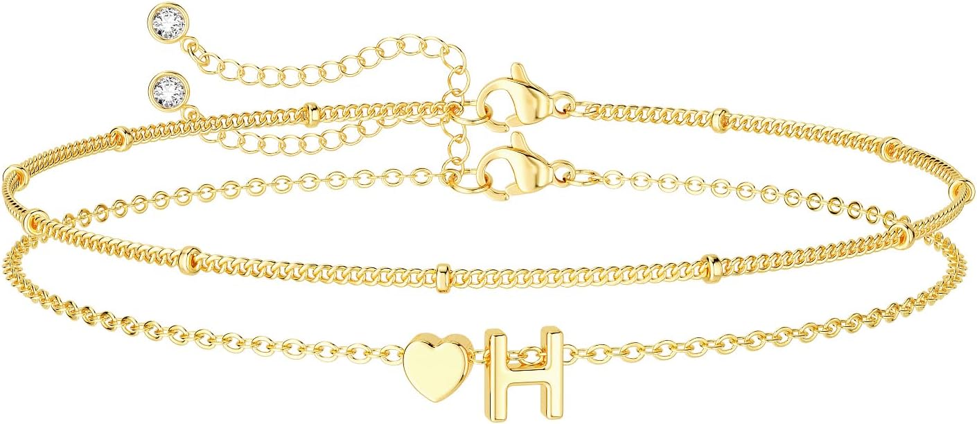 DEARMAY Dainty Initial Heart 14K Gold Plated Bracelets for Women Trendy, Letter Charm Bracelet Jewelry Cute Simple Fashion Chain Gift
