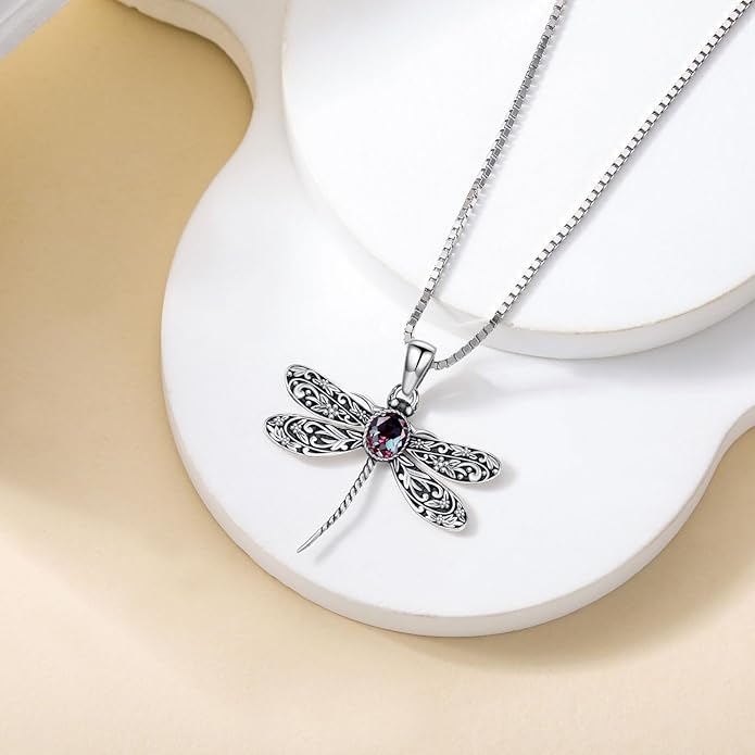 Vintage Dragonfly Necklace for Women 925 Sterling Silver, Oval Birthstone Dragonfly Pendant Boho Jewelry Birthday Gift for Her, Mom, Grandma