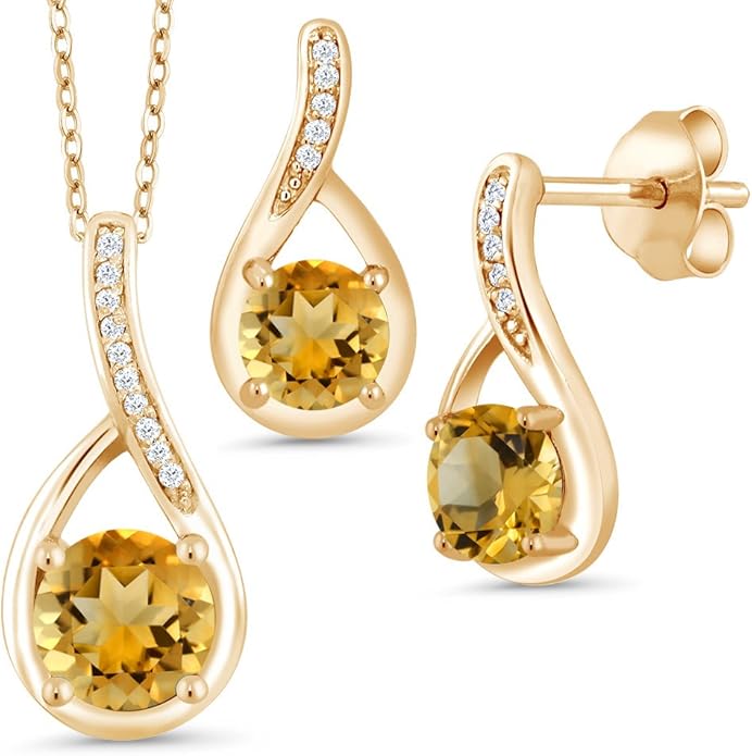 Gem Stone King 18K Yellow Gold Plated Silver Round Gemstone Birthstone and Diamond Pendant Earrings Jewelry Set For Women | Round 6MM and 5MM | With 18 Inch Chain