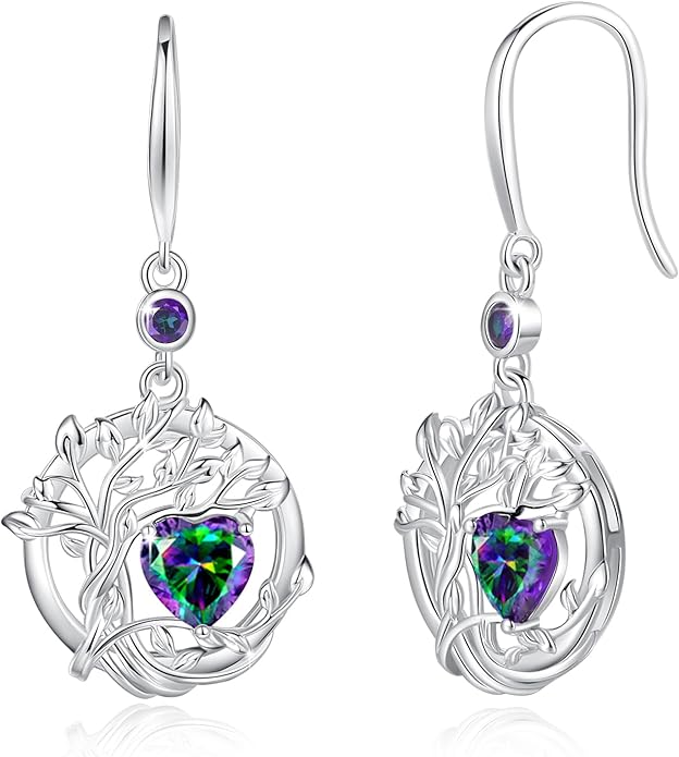 FANCIME Tree of Life Dangle Drop Earrings 925 Sterling Silver Dainty Round Gemstone Birthstone Earring Fine Jewelry Birthday Christmas Gifts for Her Women