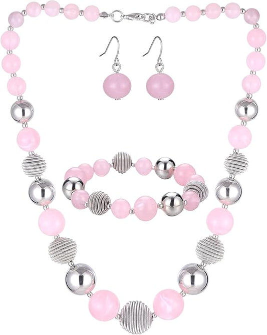 PEARL&CLUB Beaded Chunky Statement Necklace Earring and Bracelet Set Silver Metal Bead Fashion Jewelry Set Mothers’ Day Gifts for Women