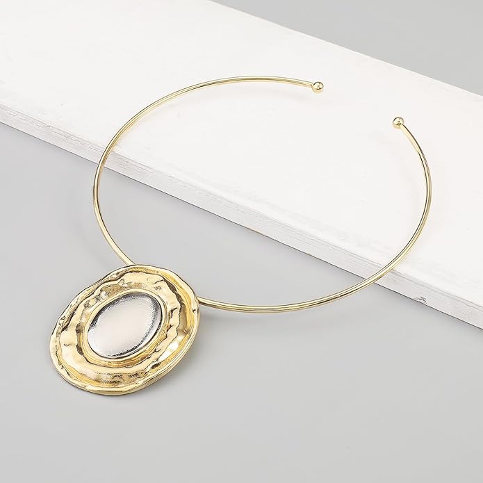 Fashion Chunky Statement Necklaces - African Choker Necklace with Gold Oval Pendant,Tribal Collar Necklace Hammered Metal Jewelry for Women