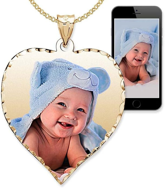 PicturesOnGold.com Personalized Photo Engraved Heart Shaped Picture Necklace with Diamond Cut Edge in Silver, Gold, White Gold or Rose Gold - 1 Inch x 1 Inch
