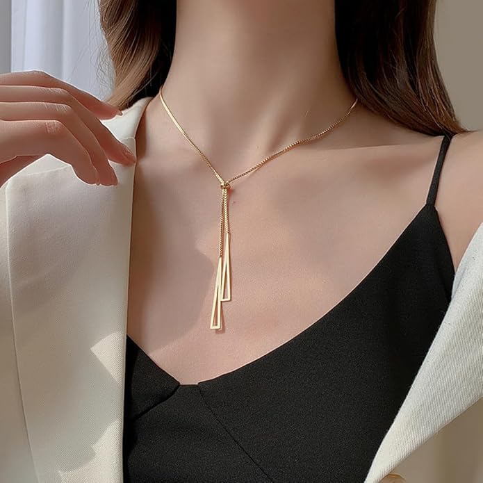 14K Gold Statement Y Necklace for Women,Dainty Double Triangle Pendant Necklace Long Link Chain Lariat Collar Necklace Minimalist Jewelry Gifts