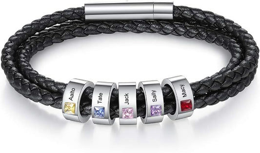 kaululu Custom Leather Bracelet for Men with 1/2/3/4/5/6/7/8 Birthstones Engraved Stainless Steel Beads Personalized Names Bracelet for Father's Day Christmas Thanksgiving Gift for Men