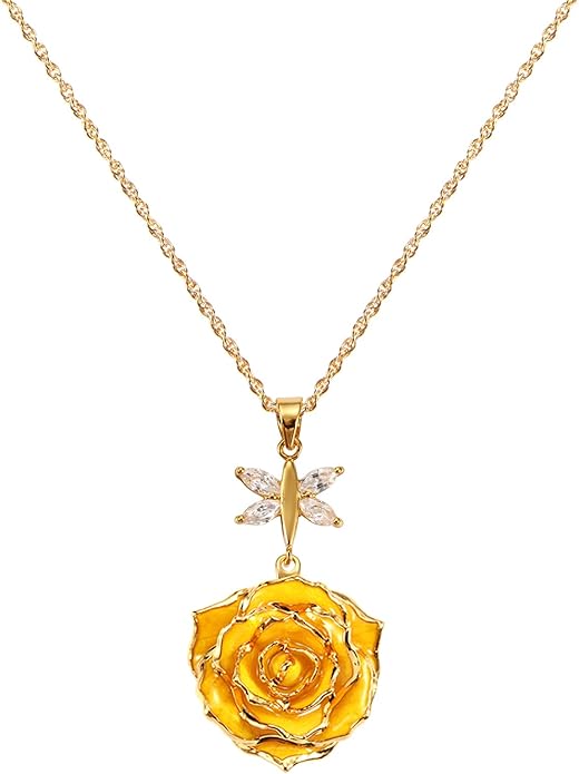 AliveRose Real Rose Gold Dipped Necklace Gifts for Women, 24K Gold Dipped Rose Pendant Necklace Jewelry Mothers Day Anniversaries Birthday Christmas Special Occasions Gifts for Her Mom Wife