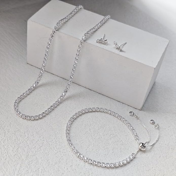 Tennis Necklace Bracelet for Women Silver Necklace Bracelet Earrings Jewelry Set for Women Party Prom Wedding Jewelry for Bride Bridesmaids Cubic Zirconia Tennis Choker Necklace Link Bracelet Stud Earrings Jewelry Set Accessories