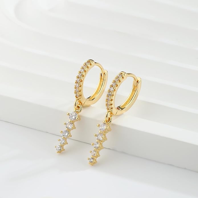 14K Gold Plated Dangle Earrings for Women - Dainty, Trendy, Hypoallergenic CZ Drop Earrings - Simple Long Dangling Jewelry