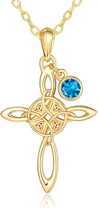Witches Knot Necklace for Women, 14K Gold Celtic Knot Cross Jewelry with Triquetra Trinity with Birthstone Pendant, Birthday Witchy Spiritual Gifts for Her Wife Mom Grandma, 18+2 Inch Chain
