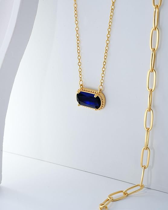 Lourny Gemstone Birthstone Pendant Layered Necklace for Women Trendy, 18K Gold Plated Paperclip Chain Preppy Choker Charm Necklace for Women Wife Jewelry
