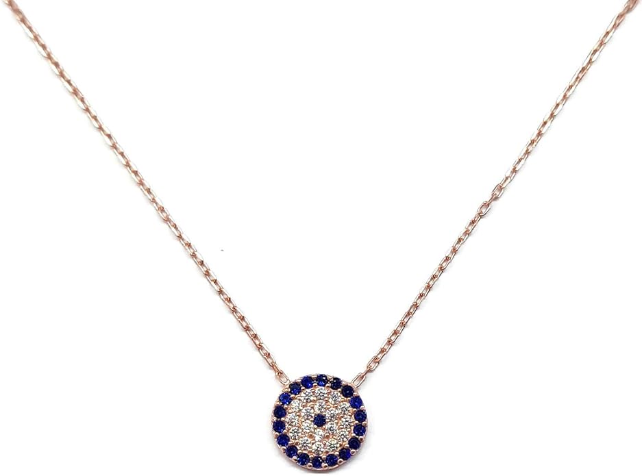 MYSTIC JEWELS - 925 Sterling Silver Necklace with Turkish Eye Necklace - Round with Cubic Zirconia