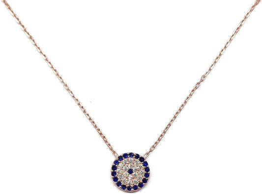 MYSTIC JEWELS - 925 Sterling Silver Necklace with Turkish Eye Necklace - Round with Cubic Zirconia