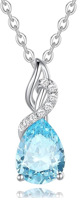FANCIME 14K Solid White Gold Teardrop Pendant with Diamond Birthstone Necklace