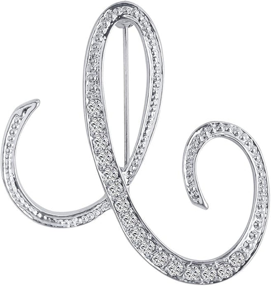 LiaSun A-Z 26 Letters Pins Brooches Silver Plated Metal Broaches Pins-Clear Crystal Initial Breastpin