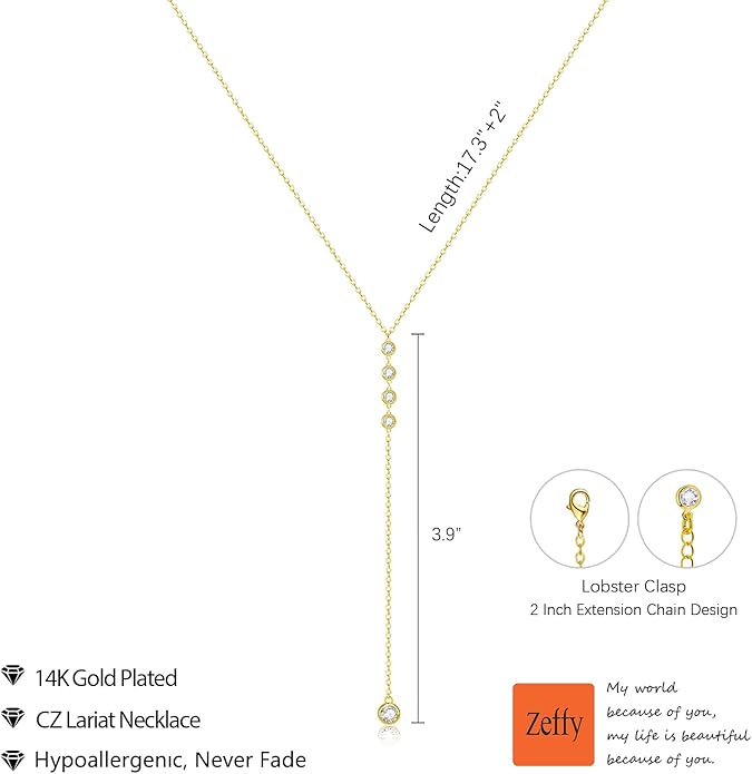 Zeffy Lariat Gold Necklace for Women, Dainty Long Necklace 14k Gold/Silver Plated Layered CZ Beaded Bar Chain Y-Shaped Body Chain Stack Drop Wedding Necklace Trendy Simple Gold Jewelry Gifts