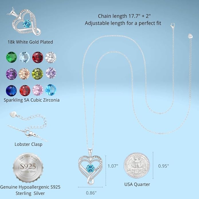 Birthstone Infinity Heart Necklace for Women Wife Girlfriend Mom Daughter Gifts S925 Silver Jewelry For Anniversary Rose Gold Gifts For Birthday Christmas Mothers Valentines Day