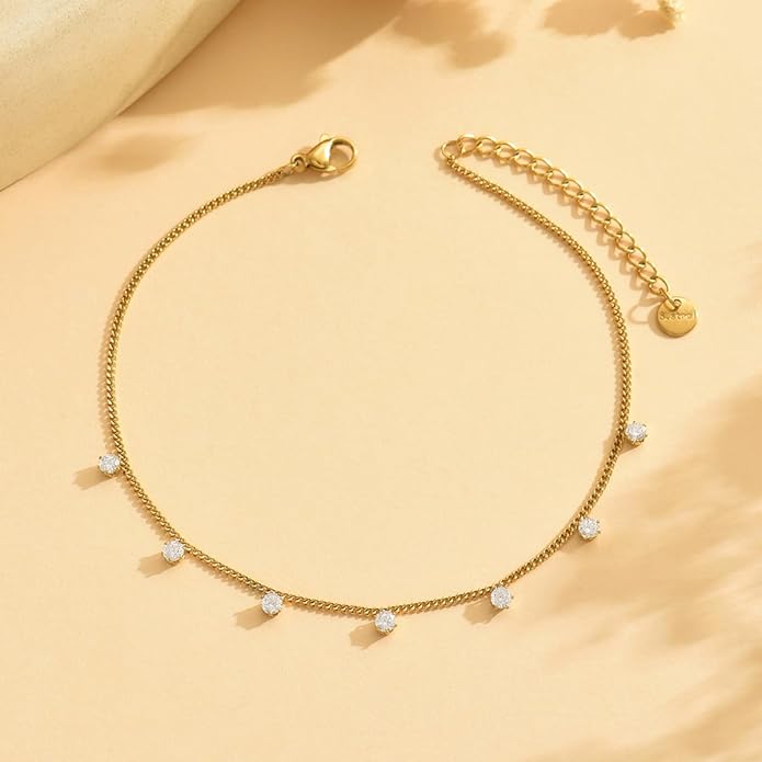 Anklet Bracelets for Women 18K Gold Plated Tennis Anklets Dainty Sapphire Paperclip Pearl Sequin Droplet Adjustable Large Anklet Bracelets Simple Beach Summer Waterproof Foot Jewelry