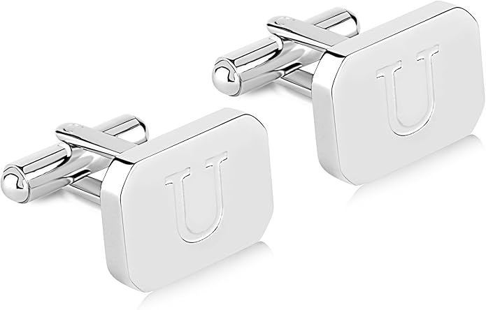 18K White-Gold Plated Initial Engraved Stainless Steel Men’s Cufflinks With Gift Box -Personalized Alphabet Letter’s A-Z By Lux & Pair