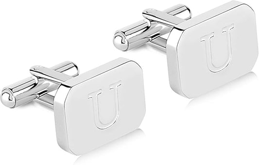 18K White-Gold Plated Initial Engraved Stainless Steel Men’s Cufflinks With Gift Box -Personalized Alphabet Letter’s A-Z By Lux & Pair