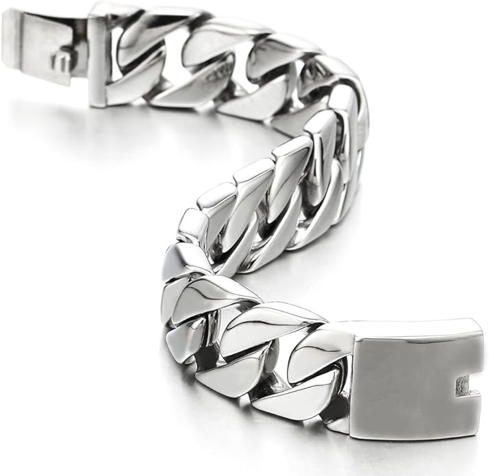 COOLSTEELANDBEYOND Mens Stainless Steel Large Curb Chain Link Bracelet Solid Curb Chain Wristband Biker Punk Jewelry Masculine Accessory